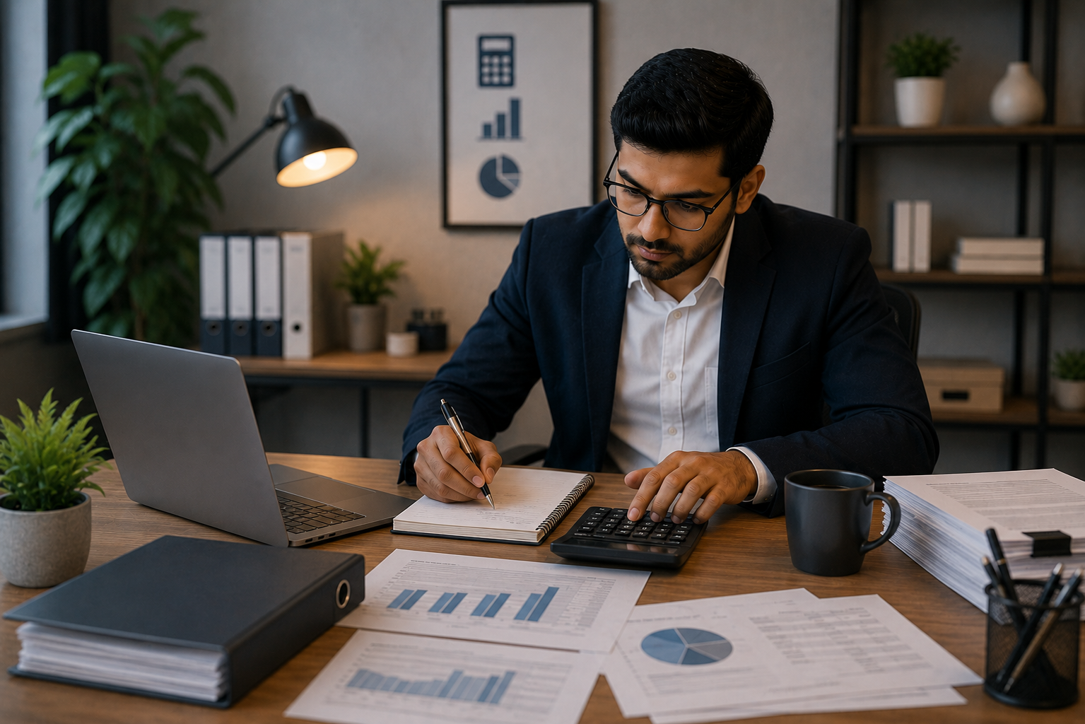 Monthly bookkeeping and business accounting records with invoices and bank statements
