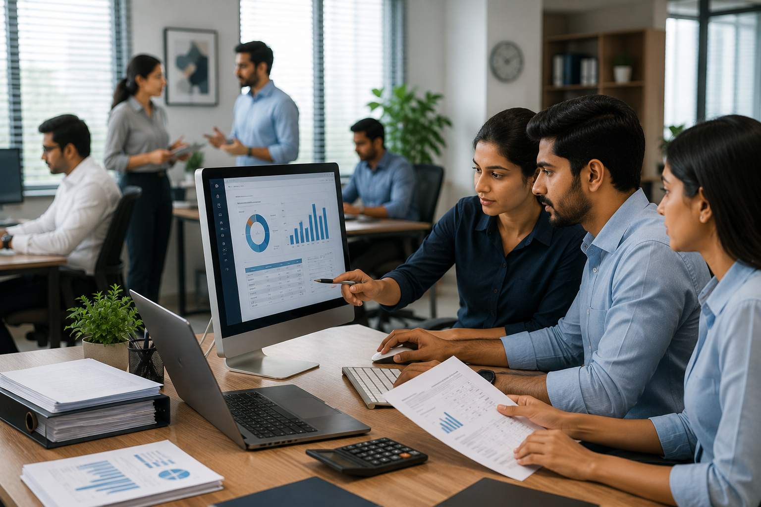 Business team reviewing sales invoices for GSTR-1 filing